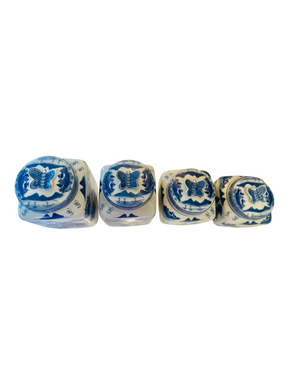 Vintage Chinese Blue & White Ginger Jar Canister Set Butterfly Lids Chinoiserie - Picture 3 of 6
